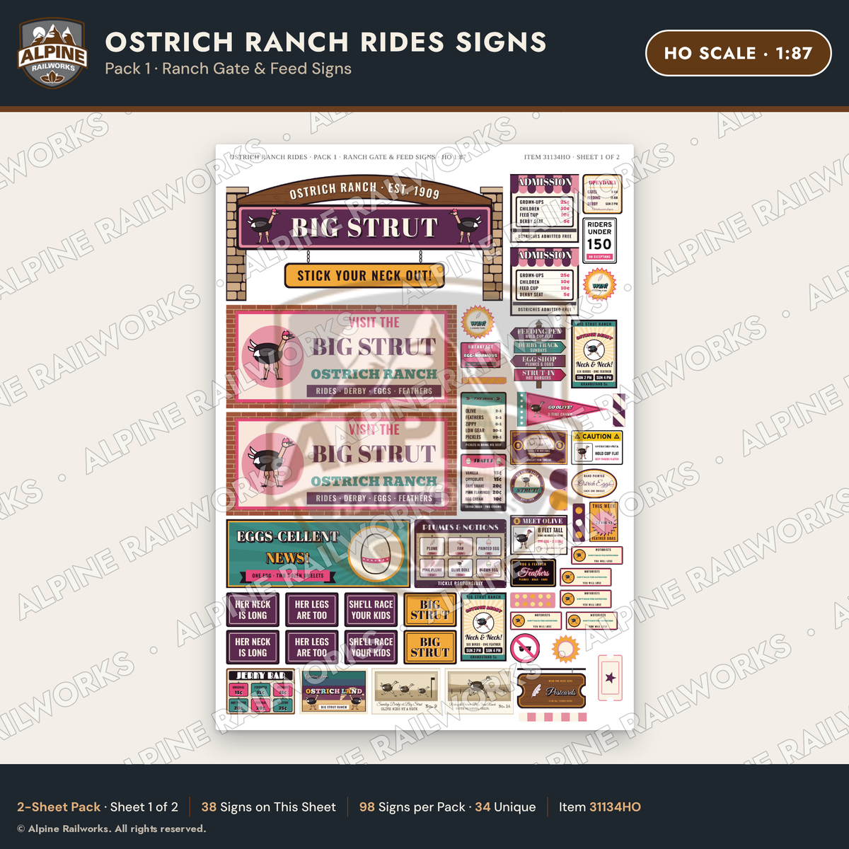 Alpine Railworks 31134HO HO Scale Roadside Signs - Ostrich Farm