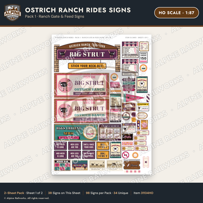 Alpine Railworks 31134HO HO Scale Roadside Signs - Ostrich Farm