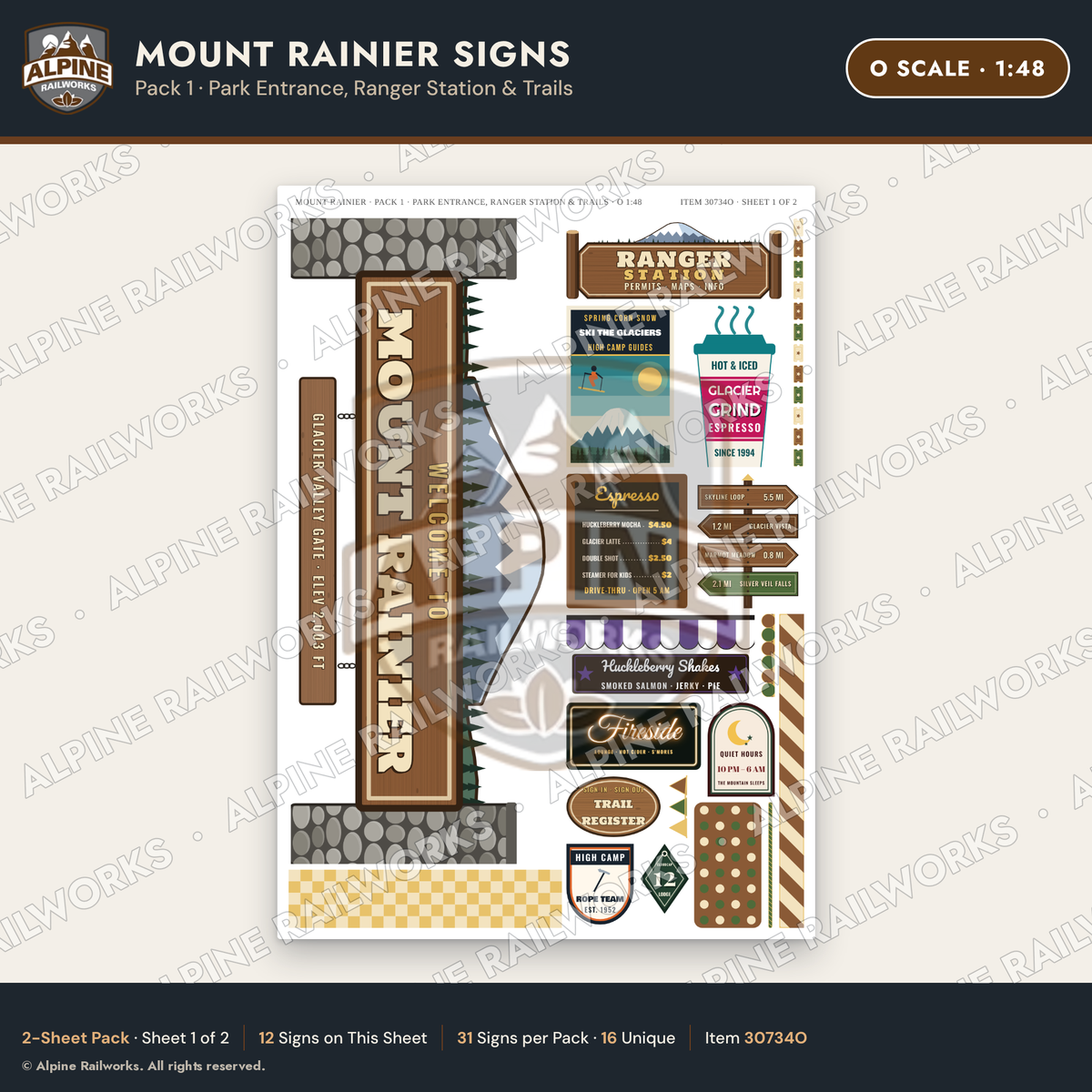Alpine Railworks 30734O O Scale Tourist Signs - Mount Rainier