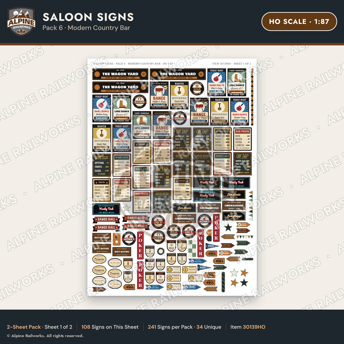 Alpine Railworks 30139HO HO Scale Saloon Signs - Modern Country Bar