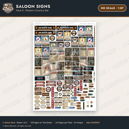 Alpine Railworks 30139HO HO Scale Saloon Signs - Modern Country Bar