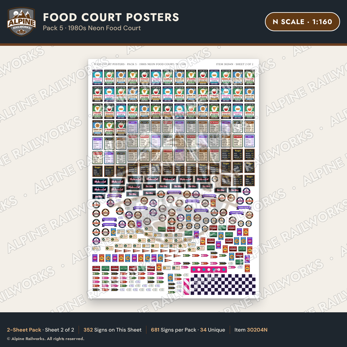 Alpine Railworks 30204N N Scale Food Court Posters - Neon Food Court