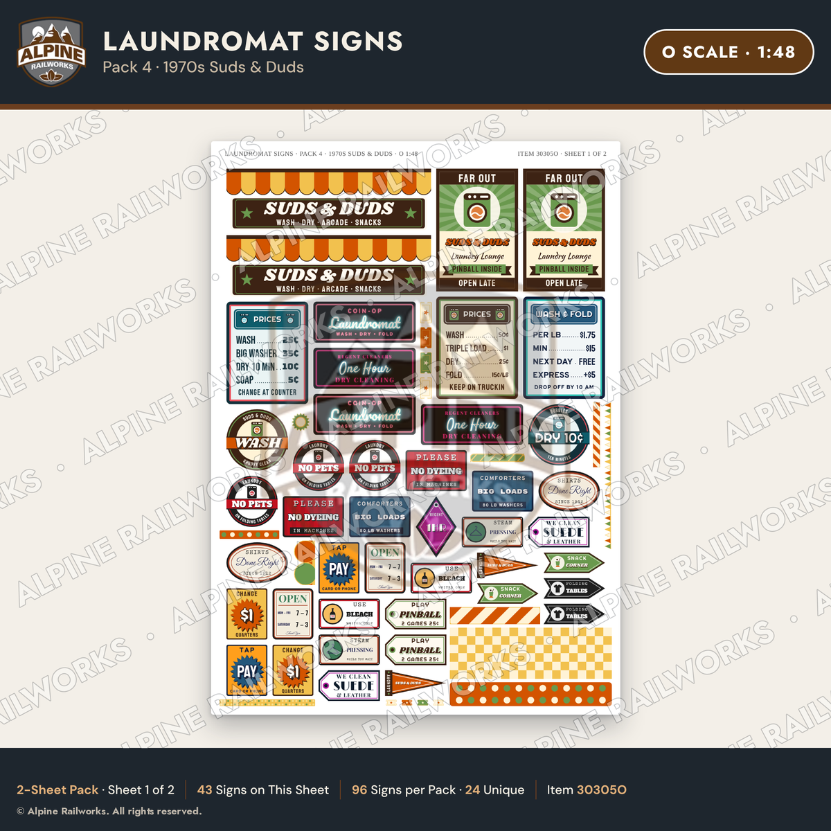 Alpine Railworks 30305O O Scale Laundromat Signs - 1970s Suds & Duds