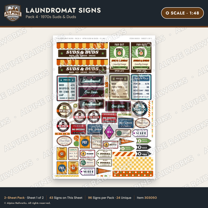 Alpine Railworks 30305O O Scale Laundromat Signs - 1970s Suds & Duds