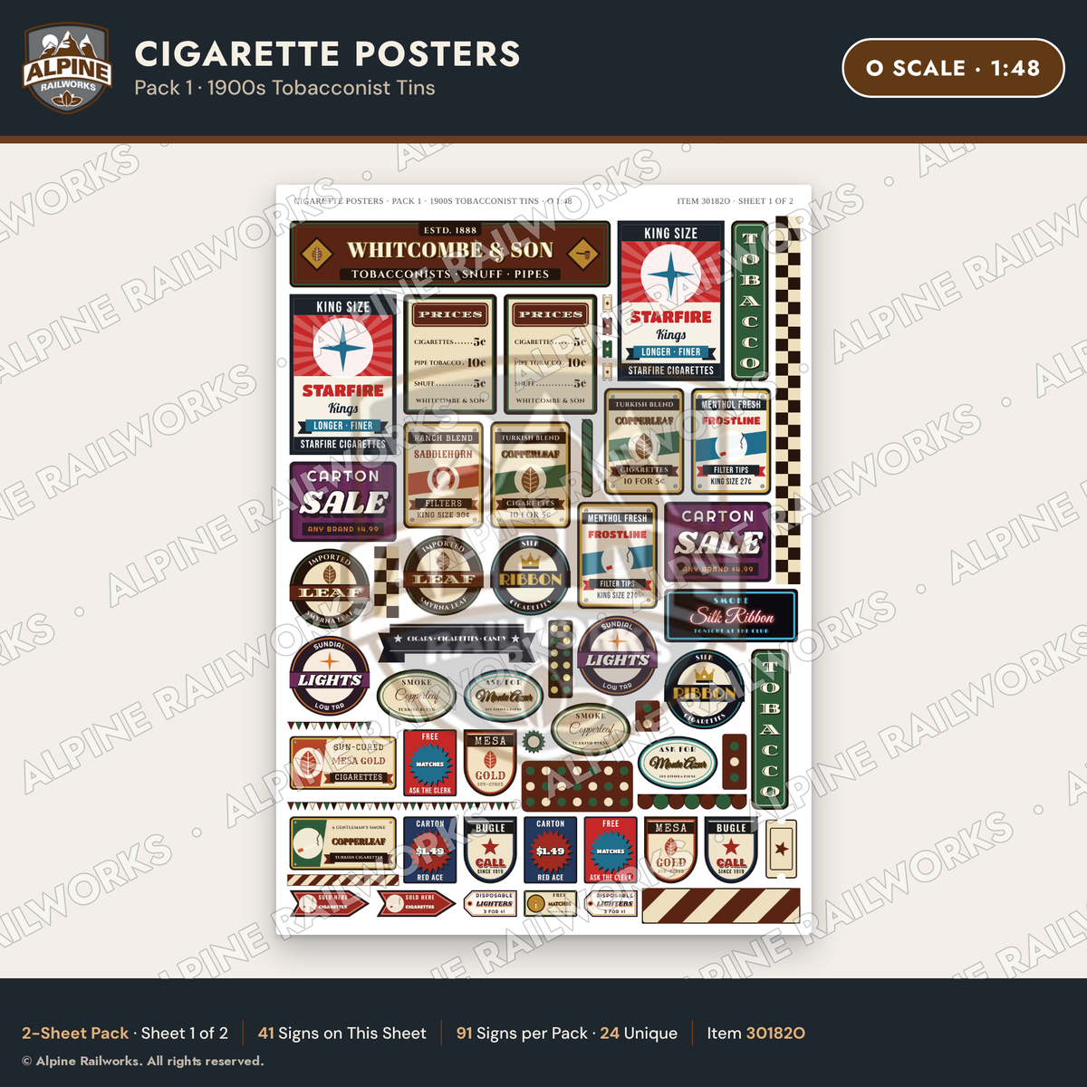 Alpine Railworks 30182O O Scale Cigarette Posters - Tobacconist Tins