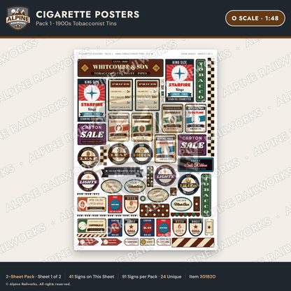 Alpine Railworks 30182O O Scale Cigarette Posters - Tobacconist Tins