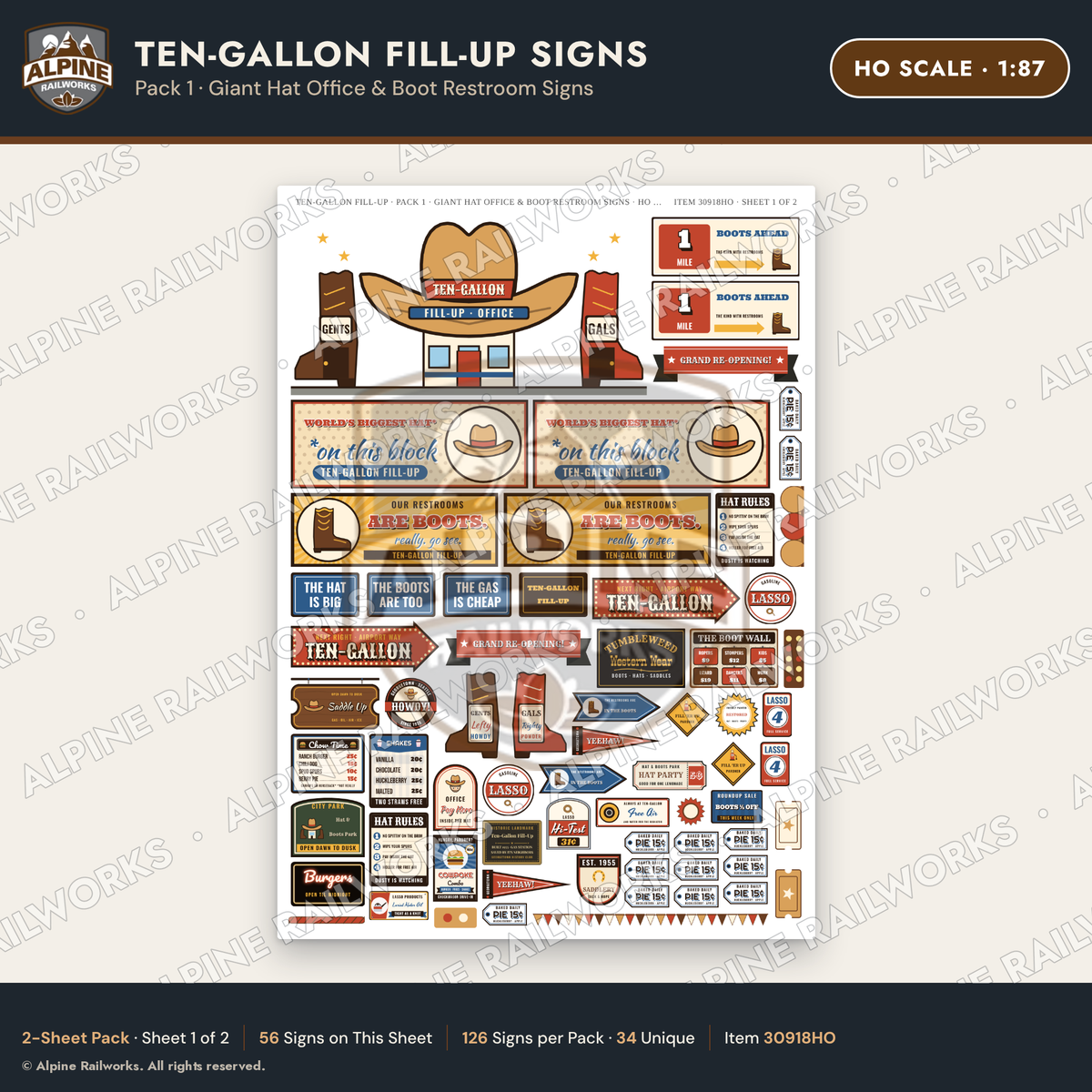 Alpine Railworks 30918HO HO Scale Roadside Signs - Cowboy Hat