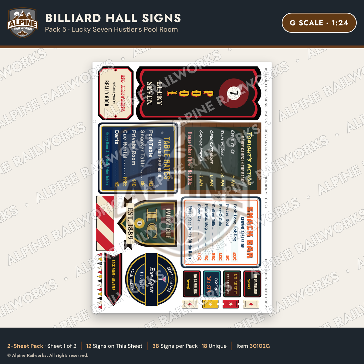 Alpine Railworks 30102G G Scale Billiard Hall Signs