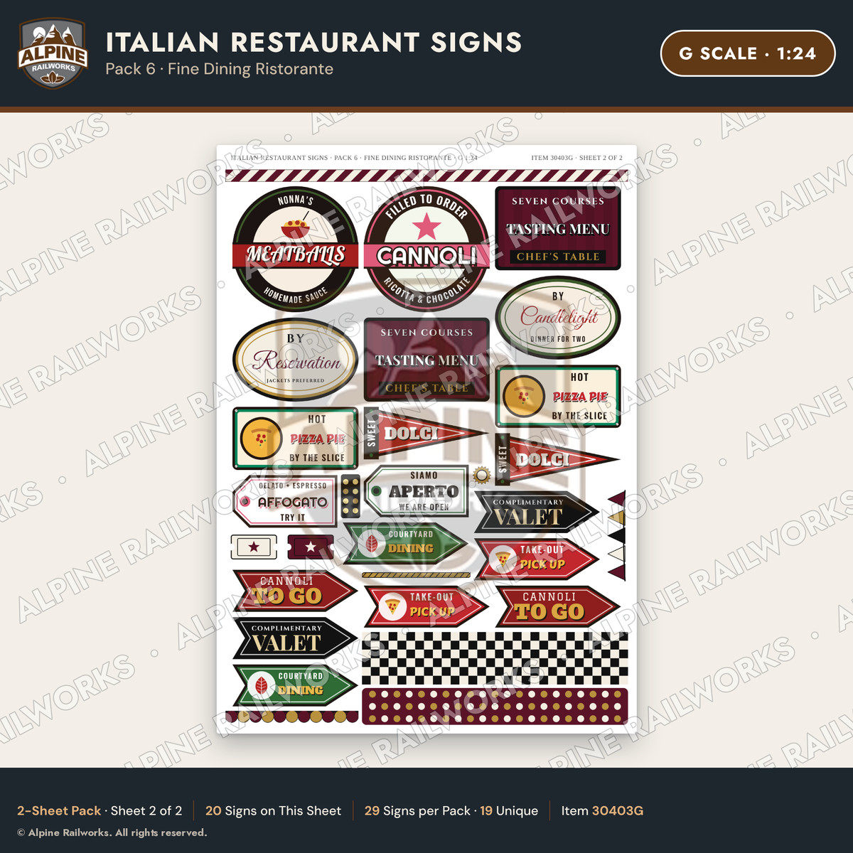 Alpine Railworks 30403G G Scale Italian Restaurant Signs