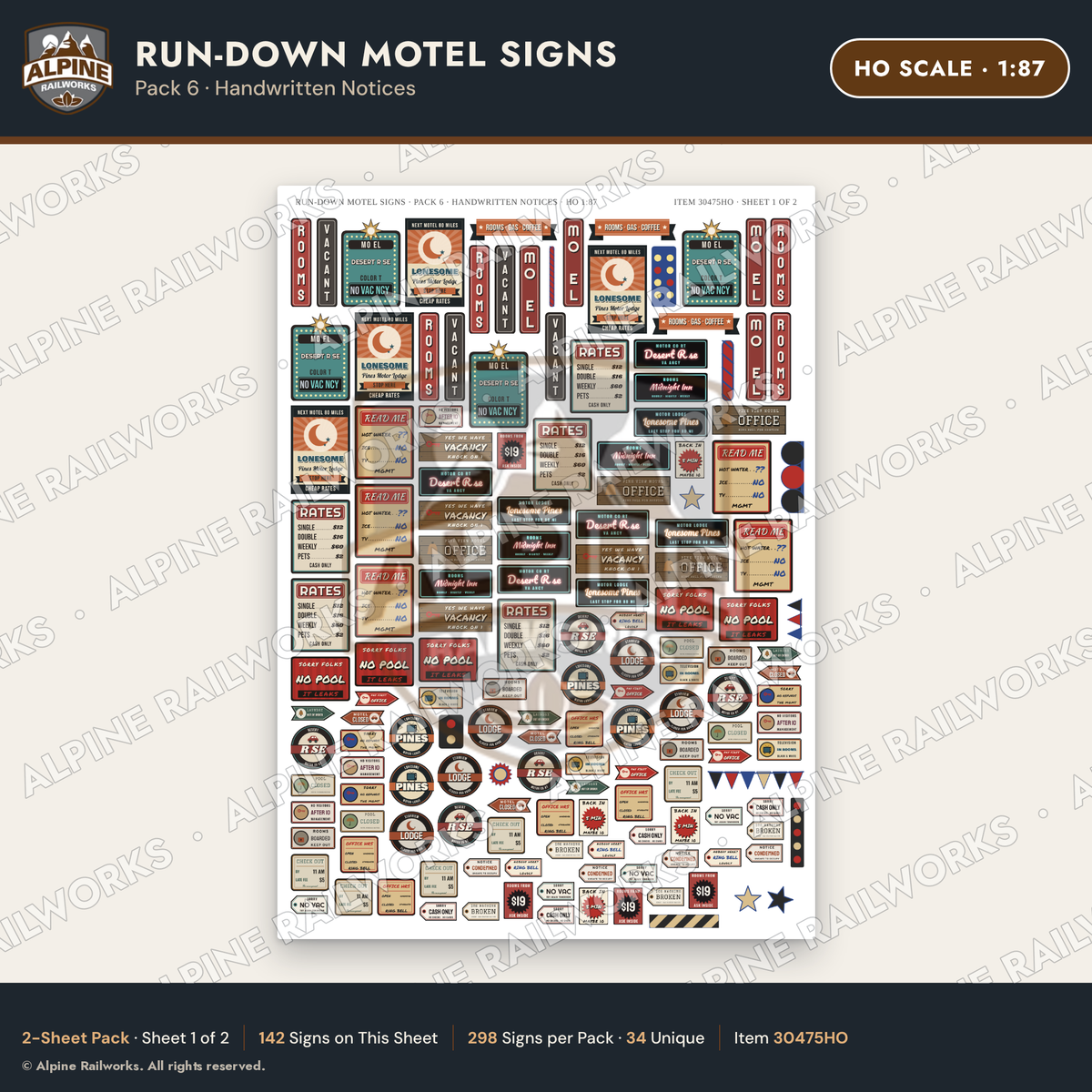Alpine Railworks 30475HO HO Scale Run-Down Motel Signs