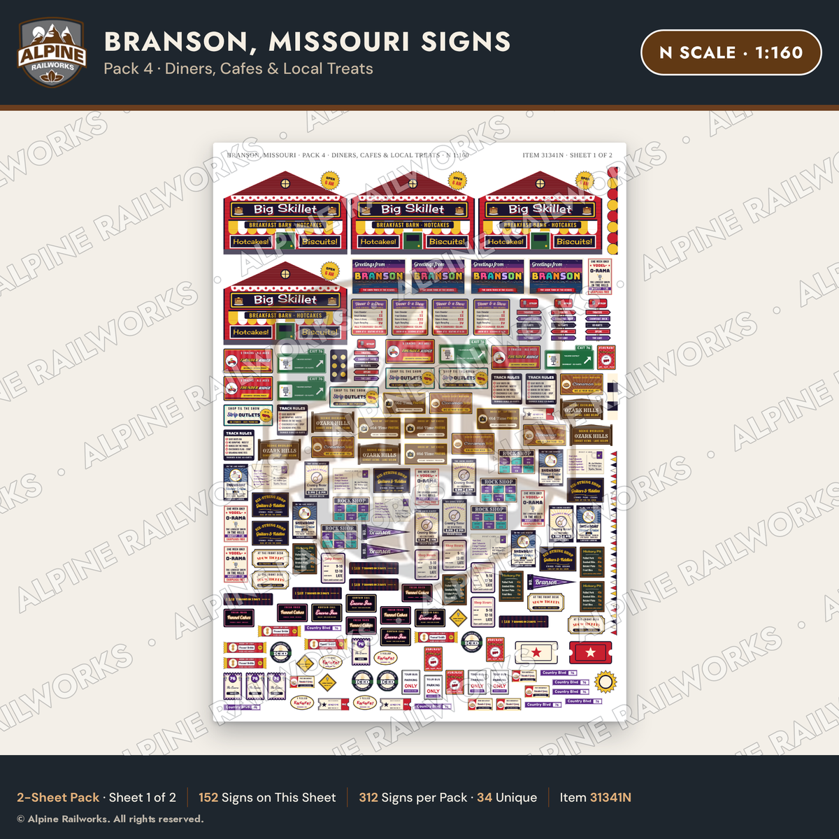 Alpine Railworks 31341N N Scale Branson MO Signs - Diners & Cafes