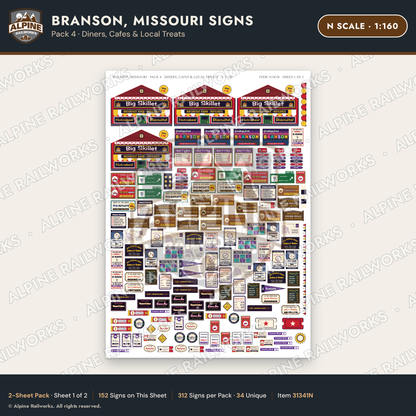 Alpine Railworks 31341N N Scale Branson MO Signs - Diners & Cafes