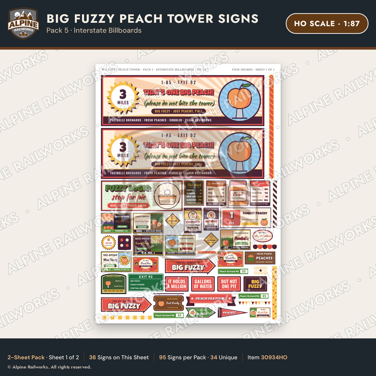 Alpine Railworks 30934HO HO Scale Roadside Signs - Peach Water Tower