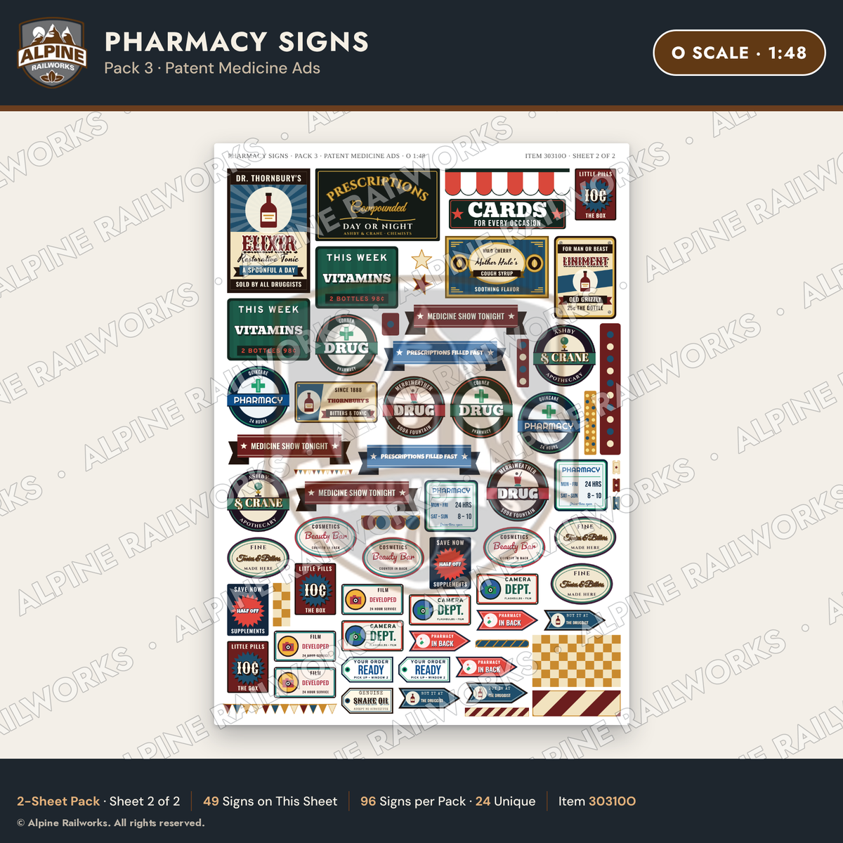 Alpine Railworks 30310O O Scale Pharmacy Signs - Patent Medicine Ads