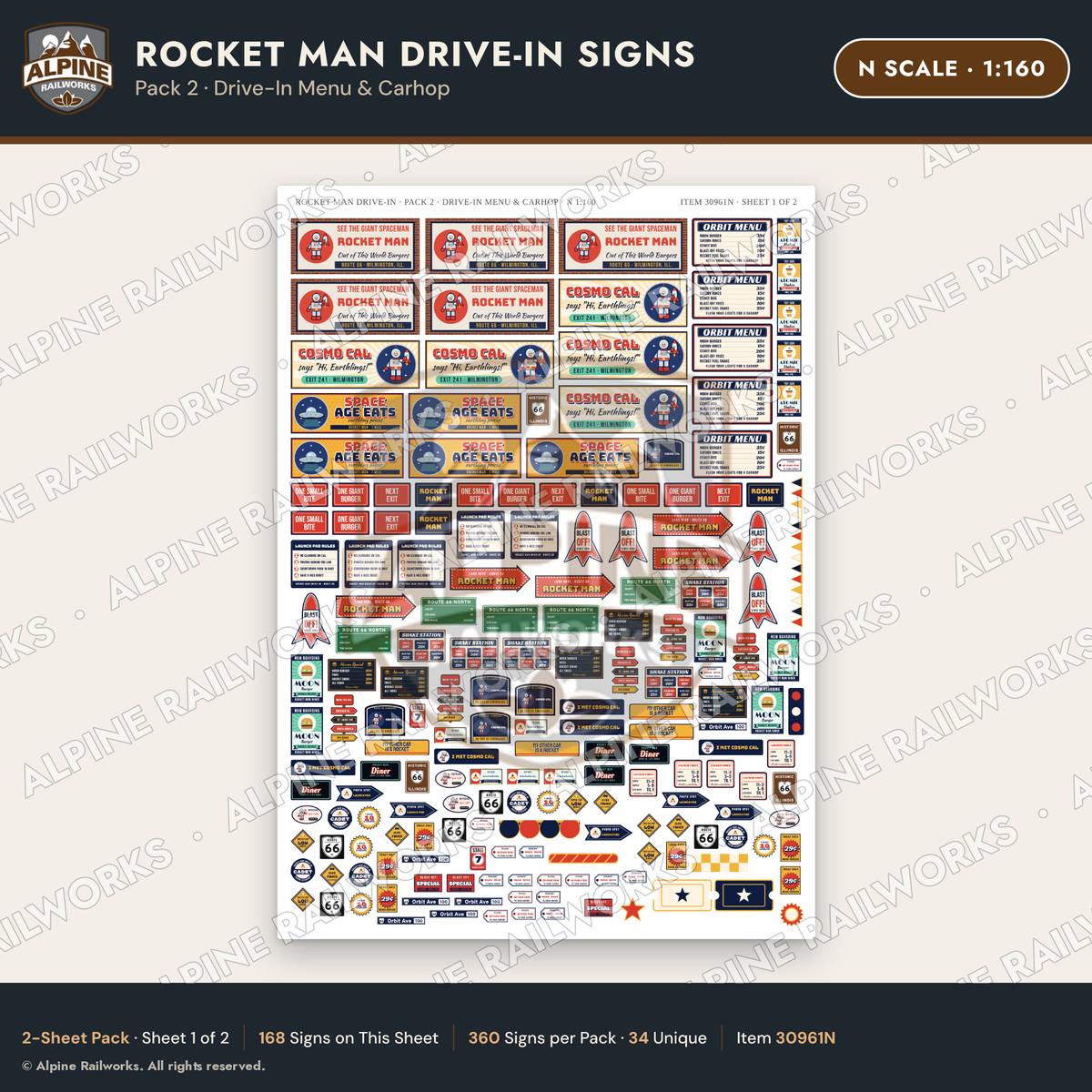 Alpine Railworks 30961N N Scale Roadside Signs - Spaceman Drive-In