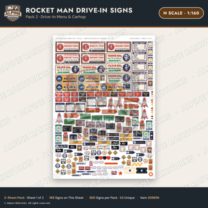 Alpine Railworks 30961N N Scale Roadside Signs - Spaceman Drive-In