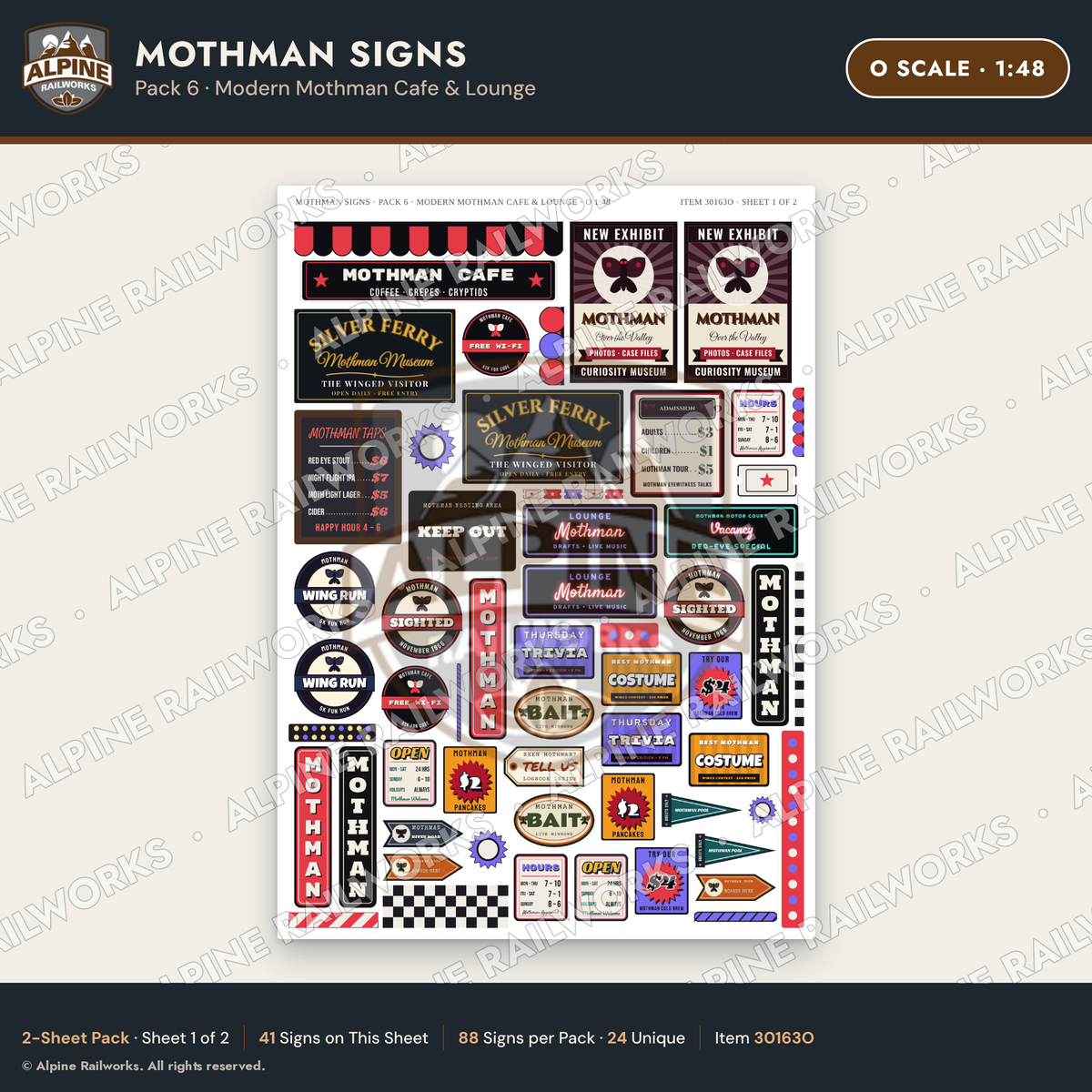 Alpine Railworks 30163O O Scale Mothman Signs - Modern Mothman Cafe