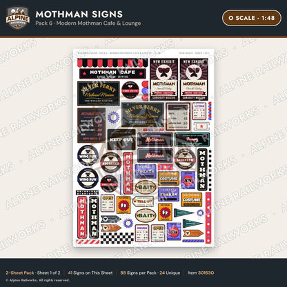 Alpine Railworks 30163O O Scale Mothman Signs - Modern Mothman Cafe