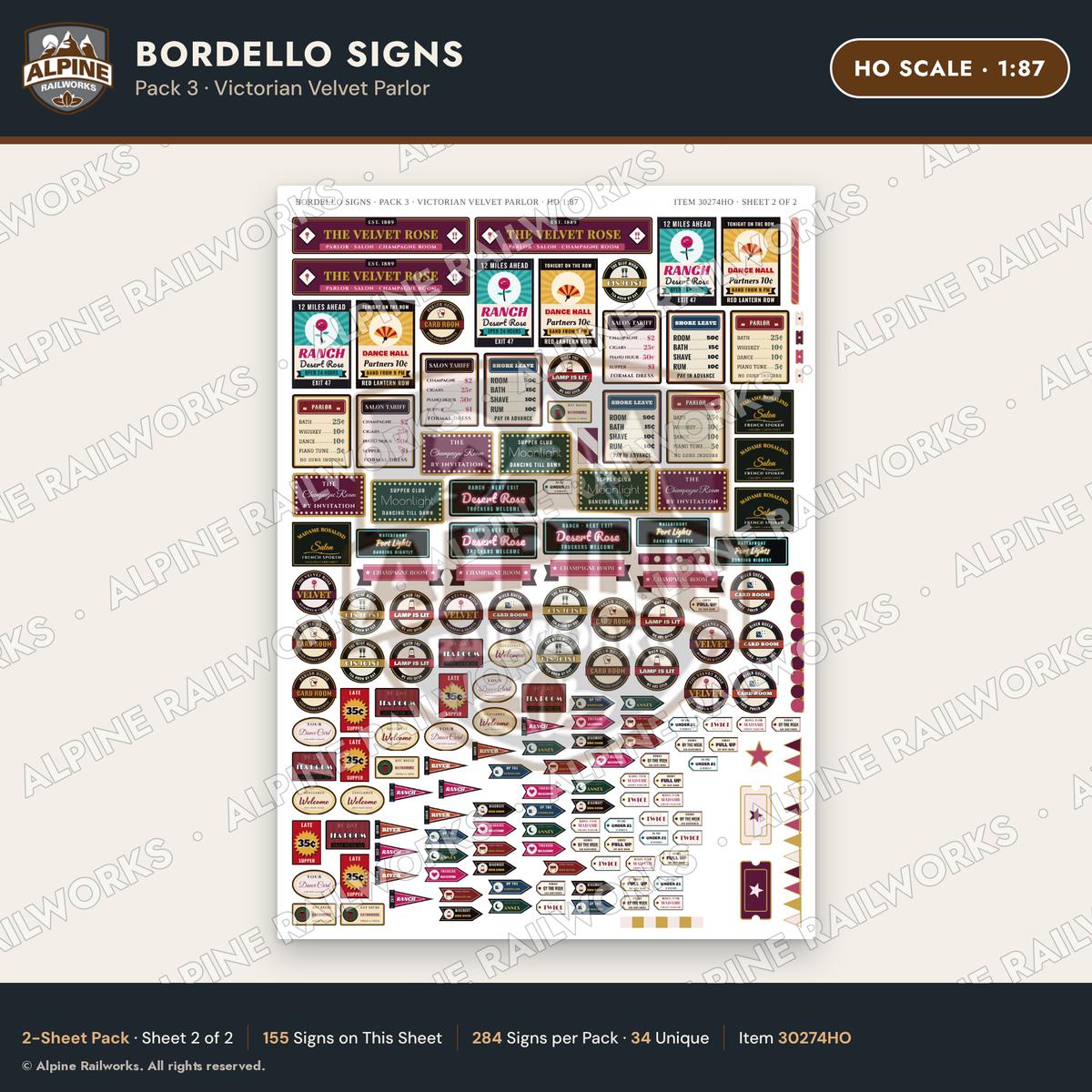 Alpine Railworks 30274HO HO Scale Bordello Signs