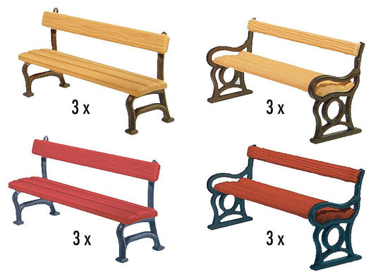 Faller 180443 HO Scale 12 Park Benches, Assorted Colors Kit