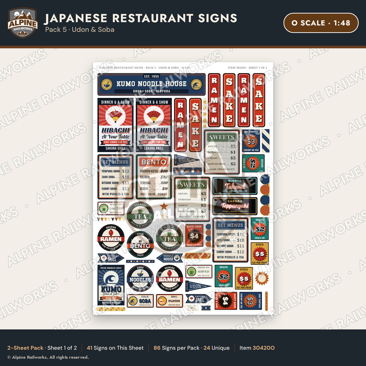Alpine Railworks 30420O O Scale Japanese Restaurant Signs - Udon