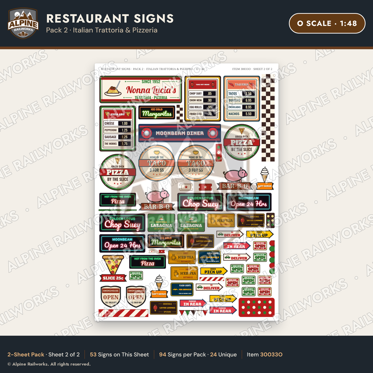 Alpine Railworks 30033O O Scale Restaurant Signs - Italian Trattoria