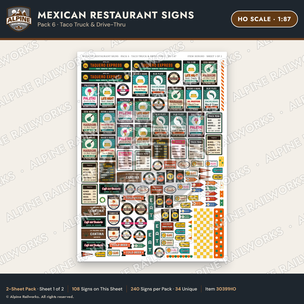 Alpine Railworks 30391HO HO Scale Mexican Restaurant Signs