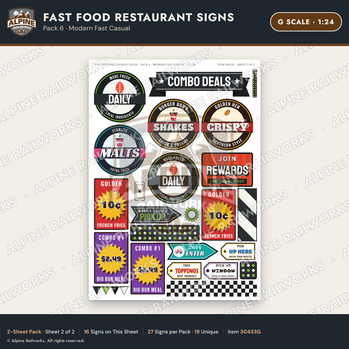 Alpine Railworks 30433G G Scale Fast Food Restaurant Signs