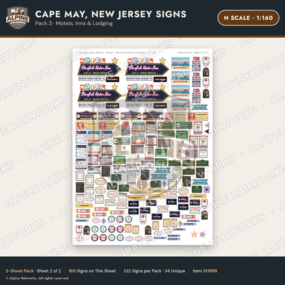 Alpine Railworks 31316N N Scale Cape May NJ Signs - Motels & Inns