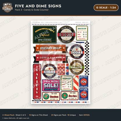 Alpine Railworks 30112G G Scale Five and Dime Signs - Candy