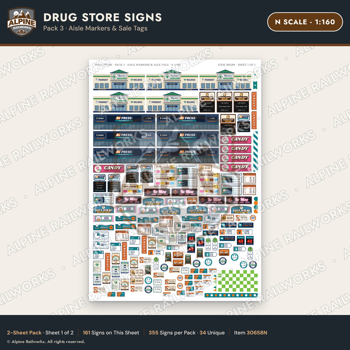 Alpine Railworks 30658N N Scale Drug Store Signs - Aisle Markers