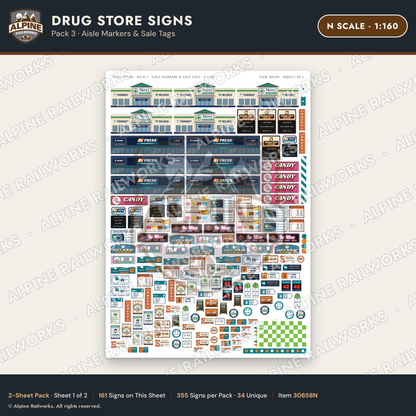 Alpine Railworks 30658N N Scale Drug Store Signs - Aisle Markers