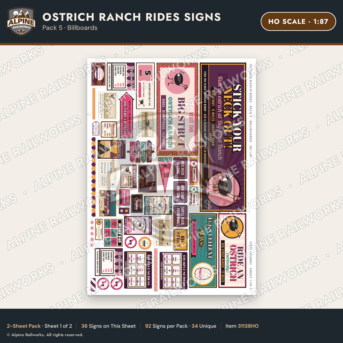 Alpine Railworks 31138HO HO Scale Roadside Signs - Ostrich Farm