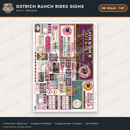 Alpine Railworks 31138HO HO Scale Roadside Signs - Ostrich Farm