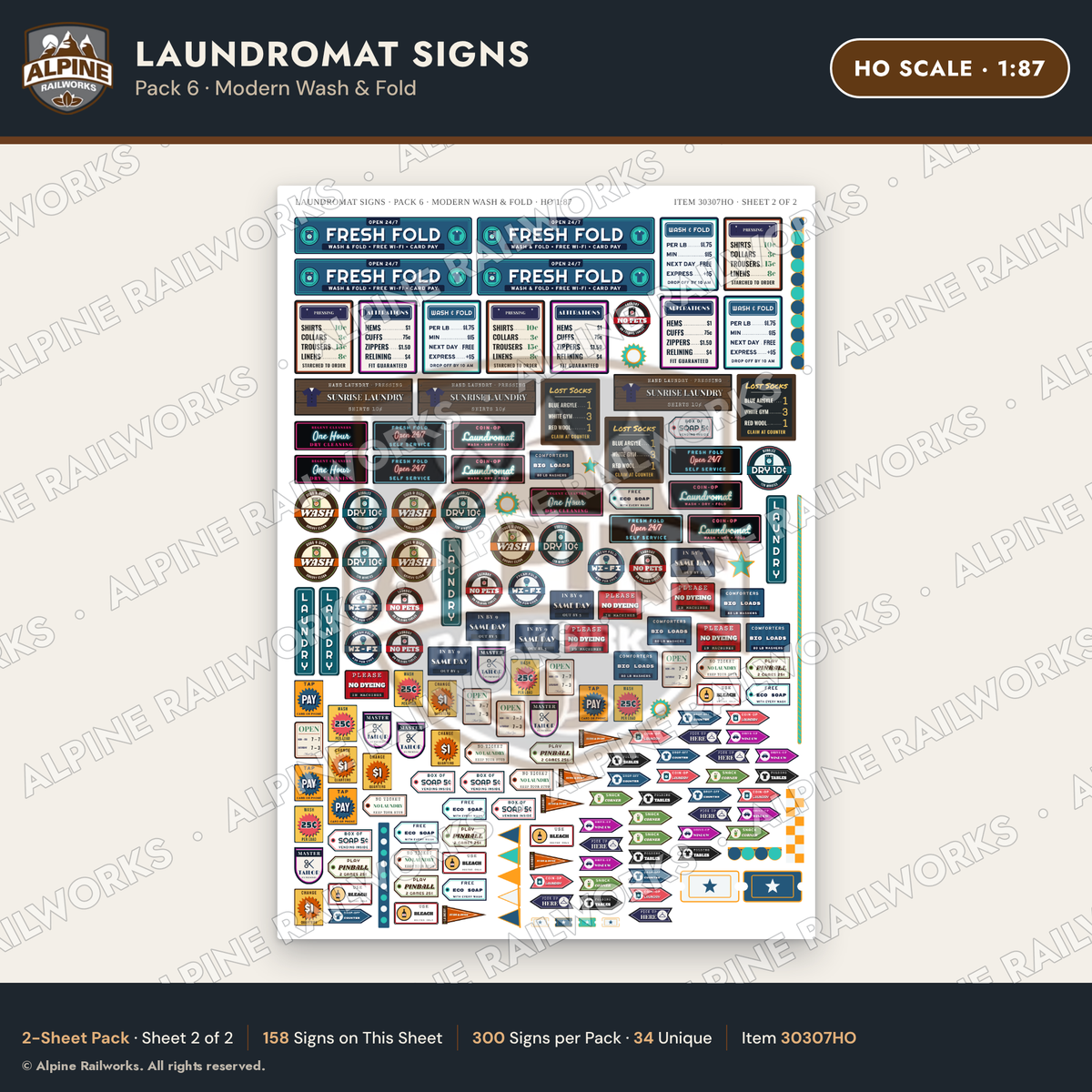 Alpine Railworks 30307HO HO Scale Laundromat Signs - Modern Wash