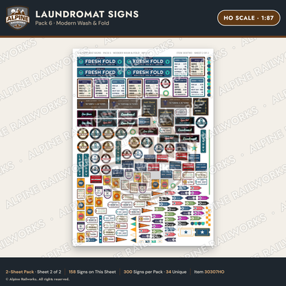 Alpine Railworks 30307HO HO Scale Laundromat Signs - Modern Wash
