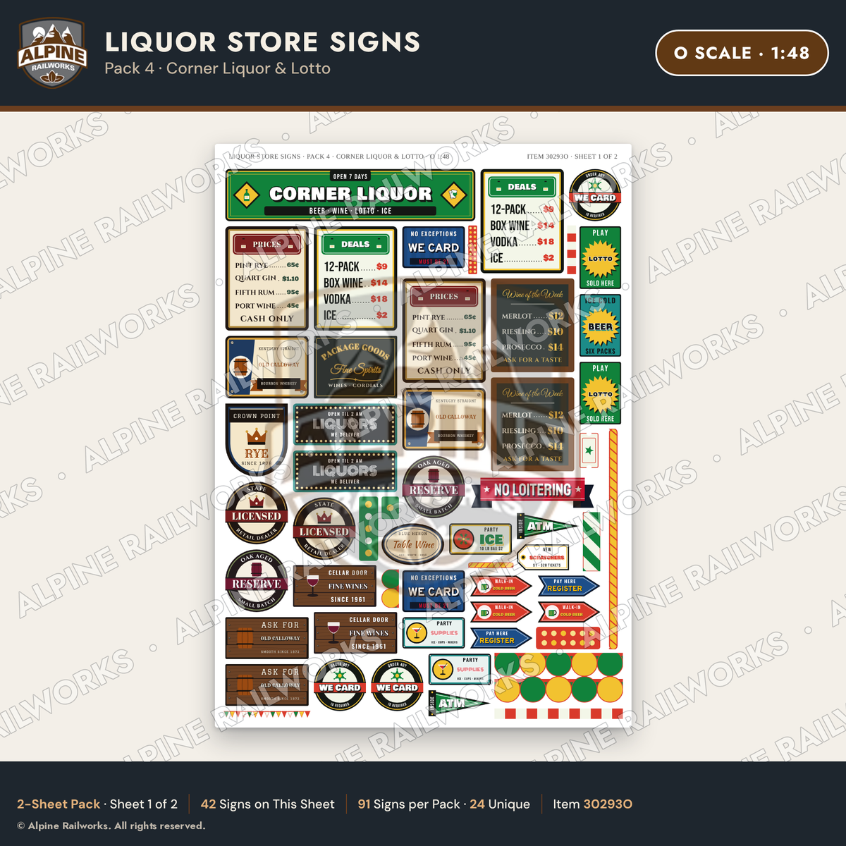 Alpine Railworks 30293O O Scale Liquor Store Signs - Corner Liquor