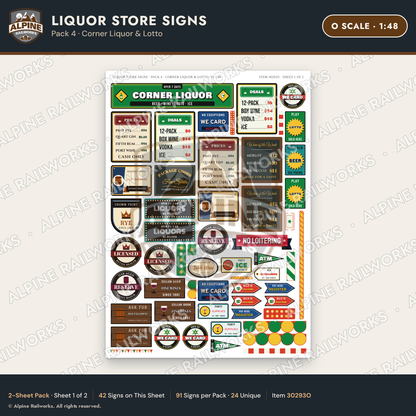 Alpine Railworks 30293O O Scale Liquor Store Signs - Corner Liquor