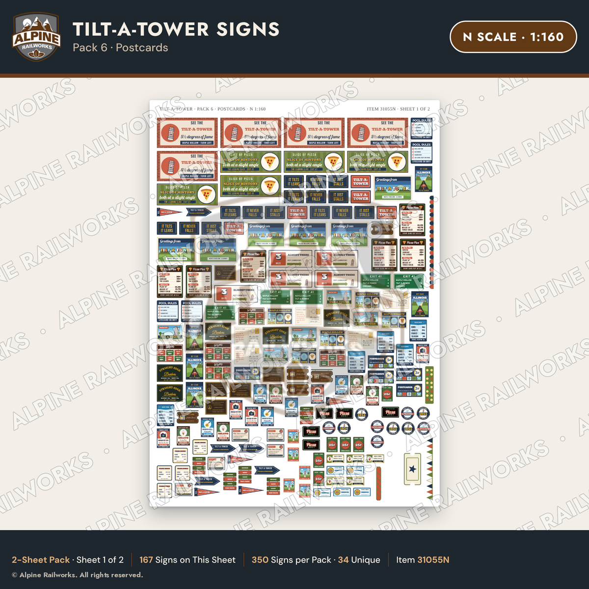 Alpine Railworks 31055N N Scale Roadside Signs - Leaning Tower