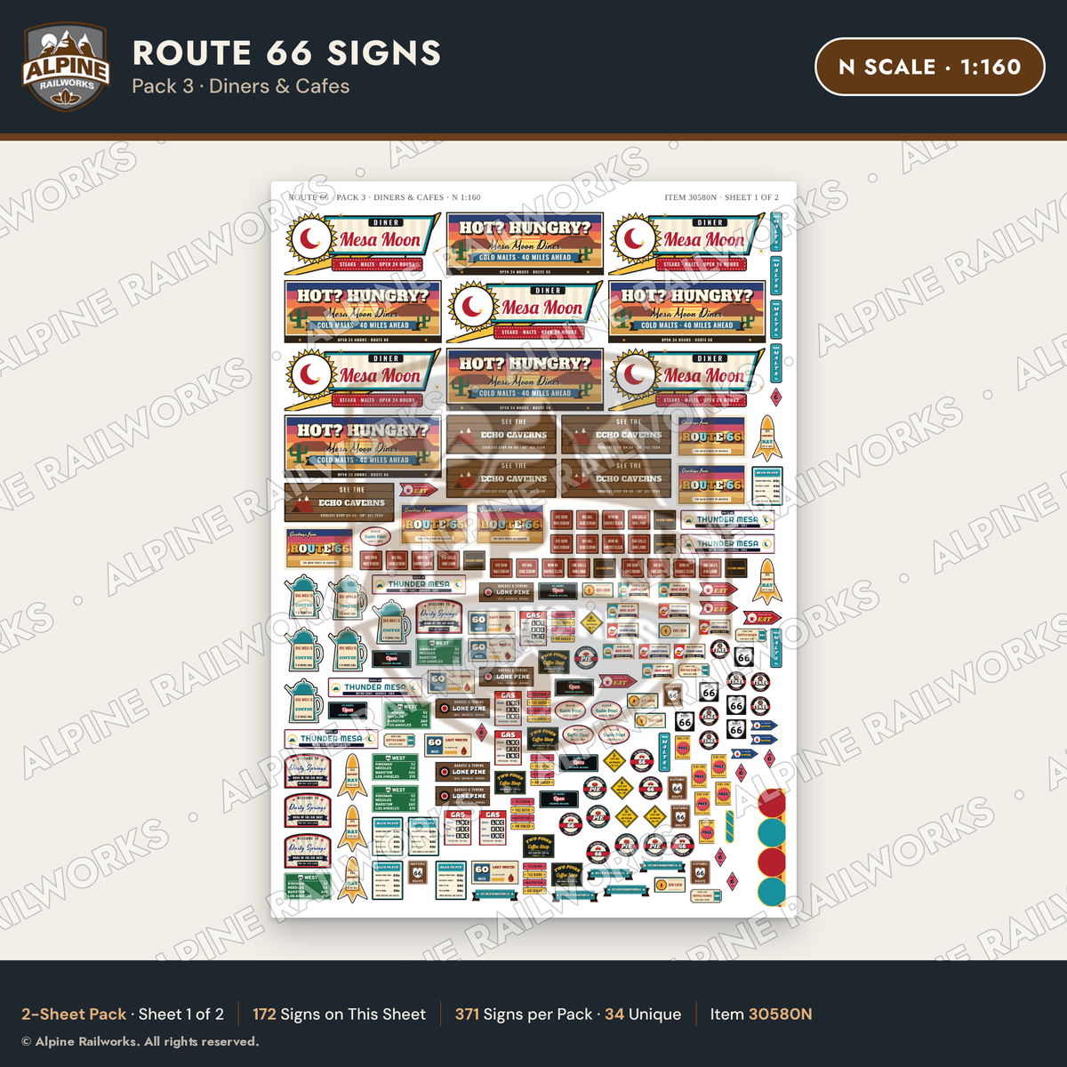 Alpine Railworks 30580N N Scale Route 66 Highway Signs - Diners