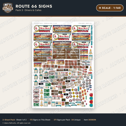 Alpine Railworks 30580N N Scale Route 66 Highway Signs - Diners