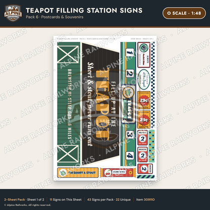 Alpine Railworks 30911O O Scale Roadside Signs - Teapot Gas Station