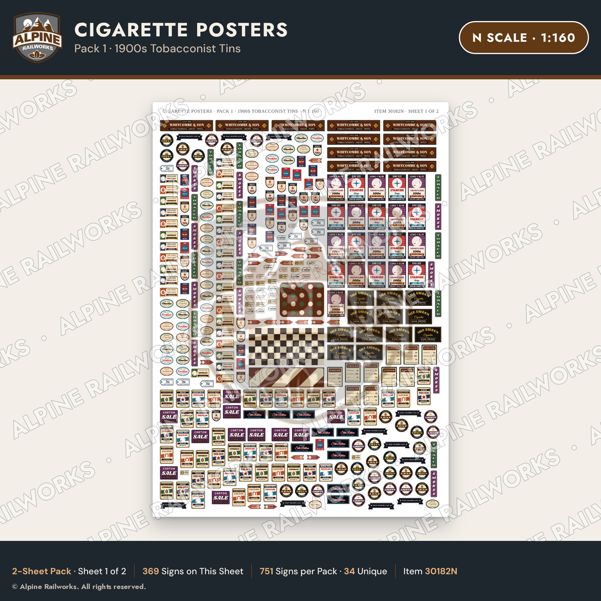 Alpine Railworks 30182N N Scale Cigarette Posters - Tobacconist Tins