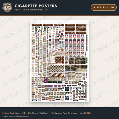 Alpine Railworks 30182N N Scale Cigarette Posters - Tobacconist Tins