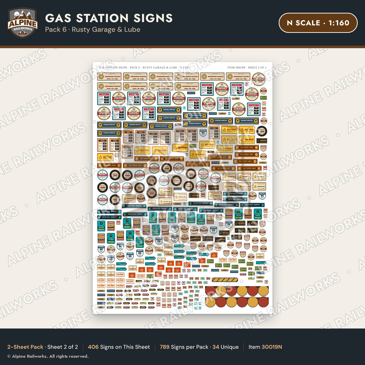 Alpine Railworks 30019N N Scale Gas Station Signs - Rusty Garage