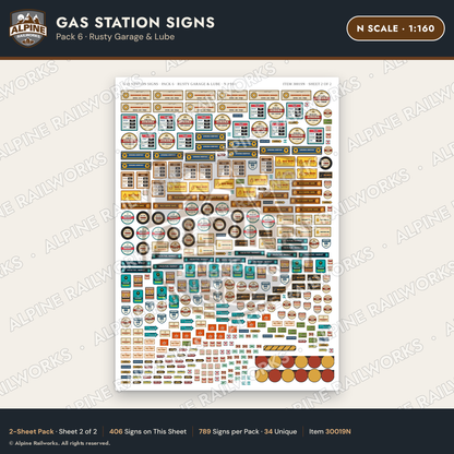 Alpine Railworks 30019N N Scale Gas Station Signs - Rusty Garage