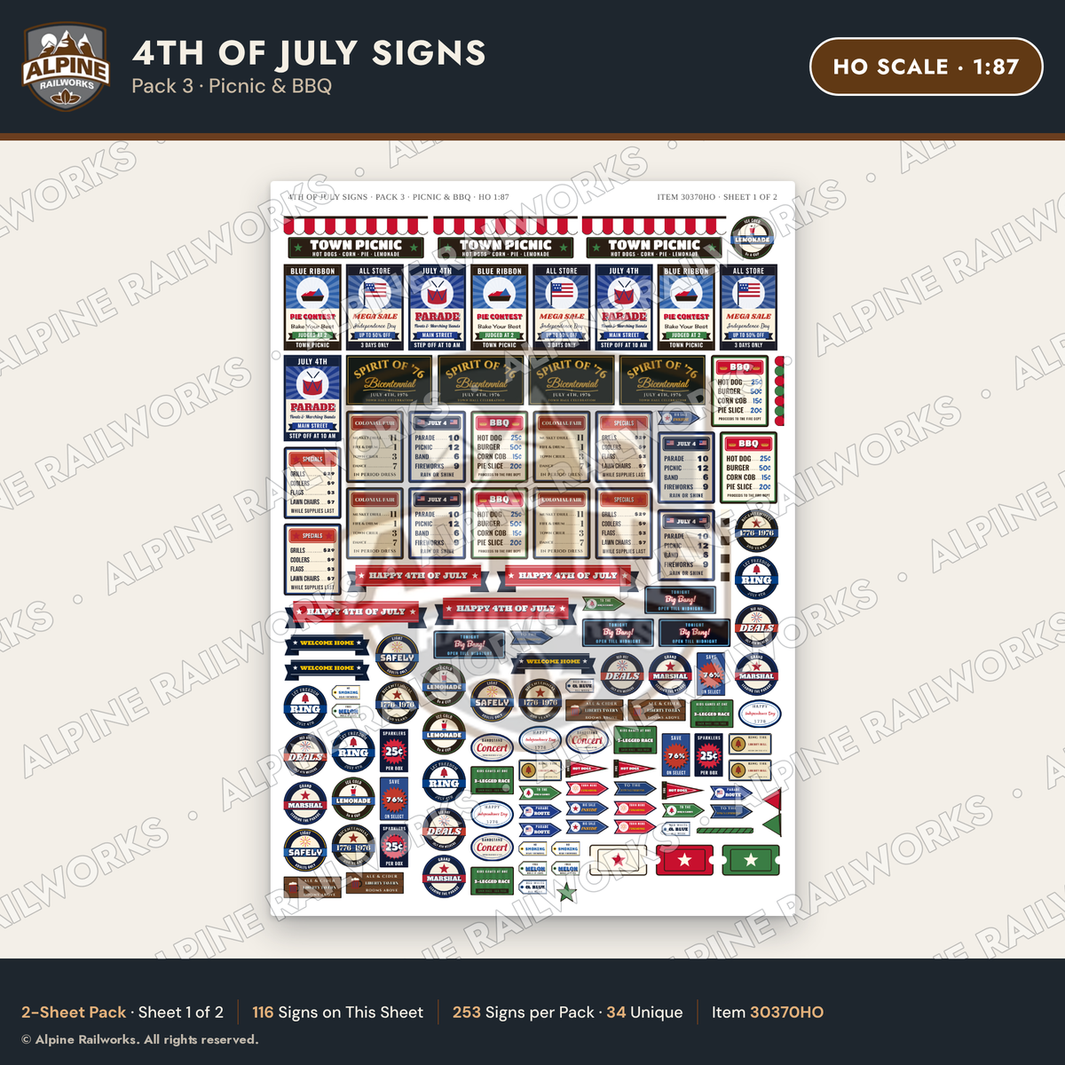 Alpine Railworks 30370HO HO Scale 4th of July Signs - Picnic & BBQ
