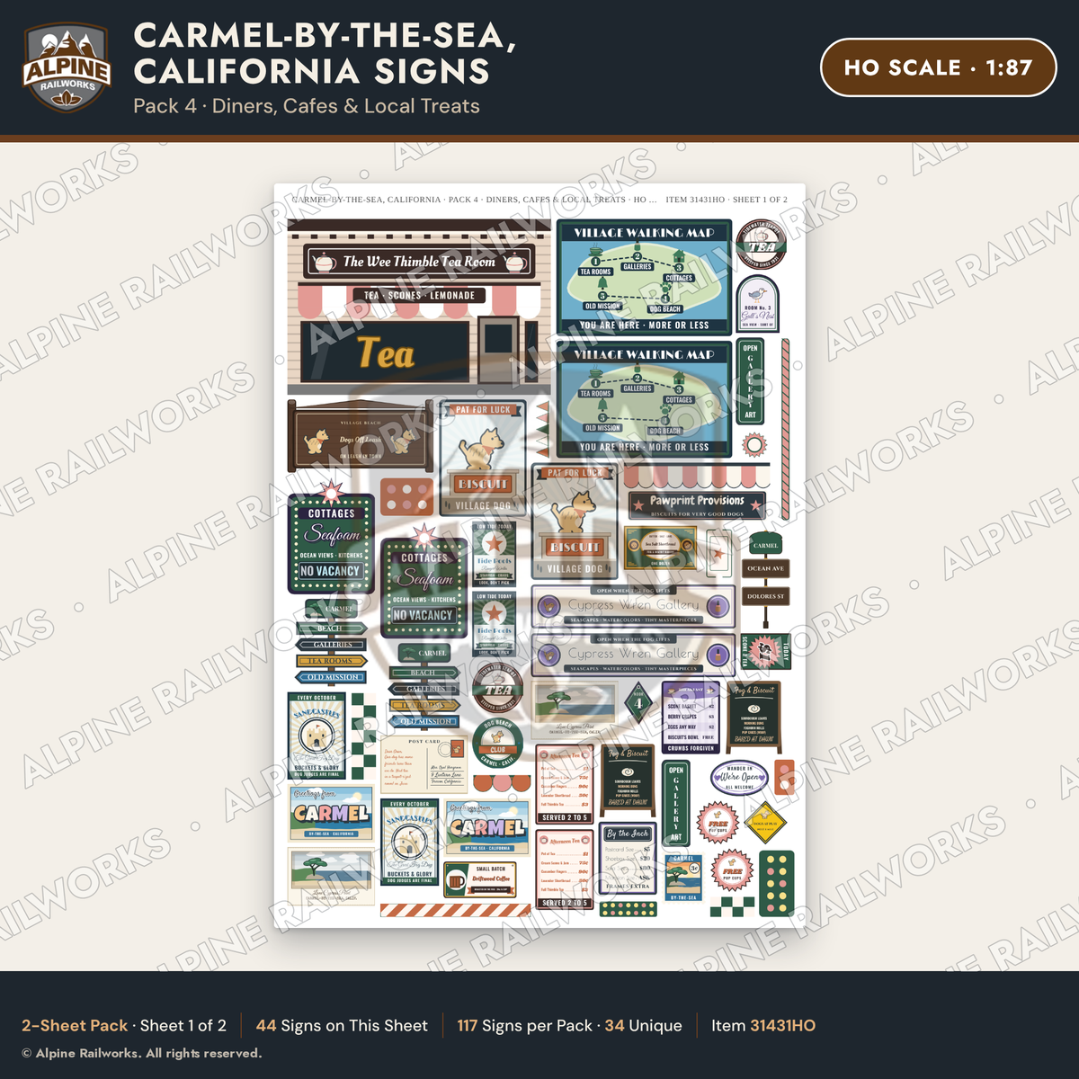Alpine Railworks 31431HO HO Scale Carmel CA Signs - Diners & Cafes