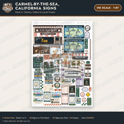 Alpine Railworks 31431HO HO Scale Carmel CA Signs - Diners & Cafes