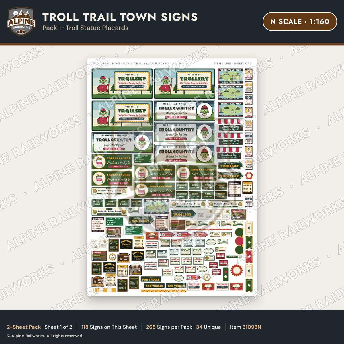 Alpine Railworks 31098N N Scale Roadside Attraction Signs - Troll Town